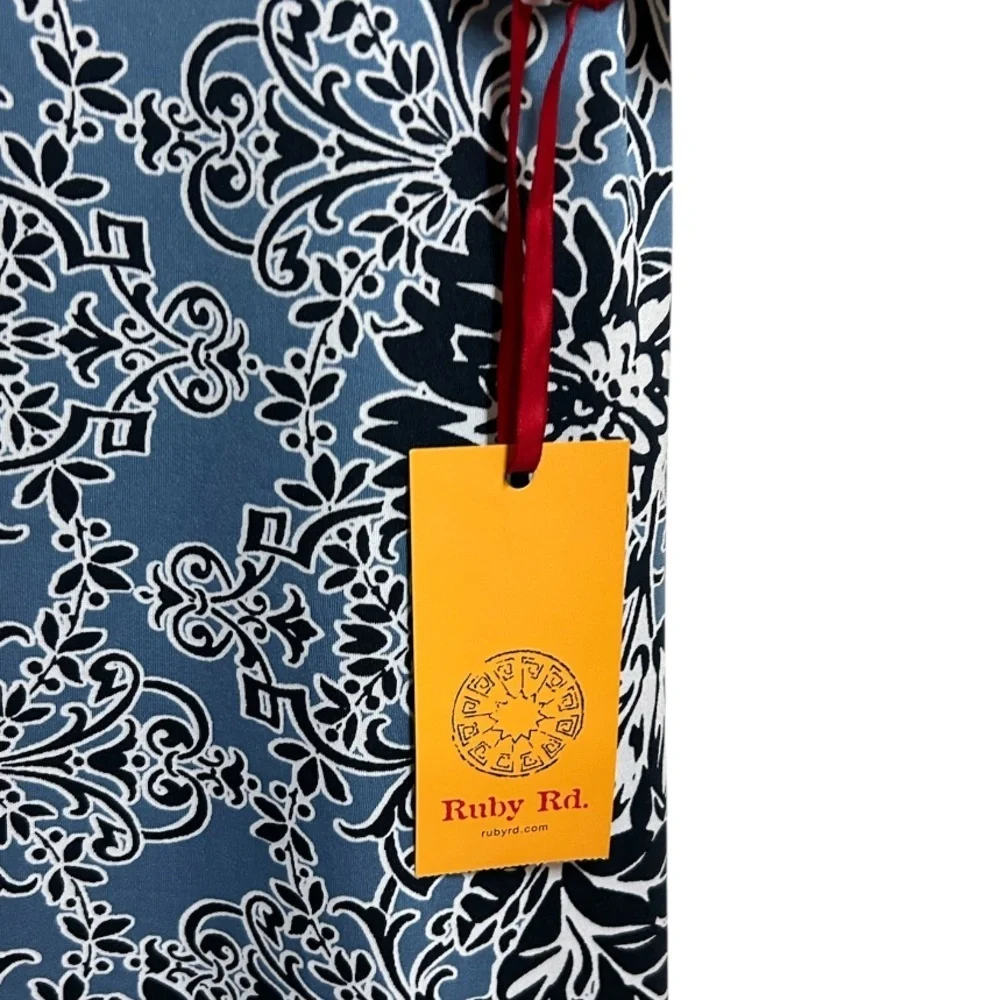Ruby Rd Dress Size Large Blue Floral Print Long Sleeve Casual NWT